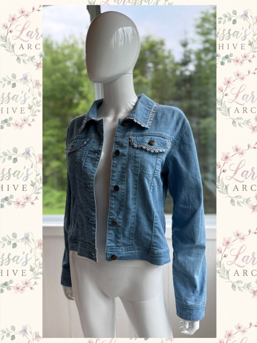 Axes Femme | Romantic Lace Trim Back Ribbon Denim Jacket | Size M (Western XS)